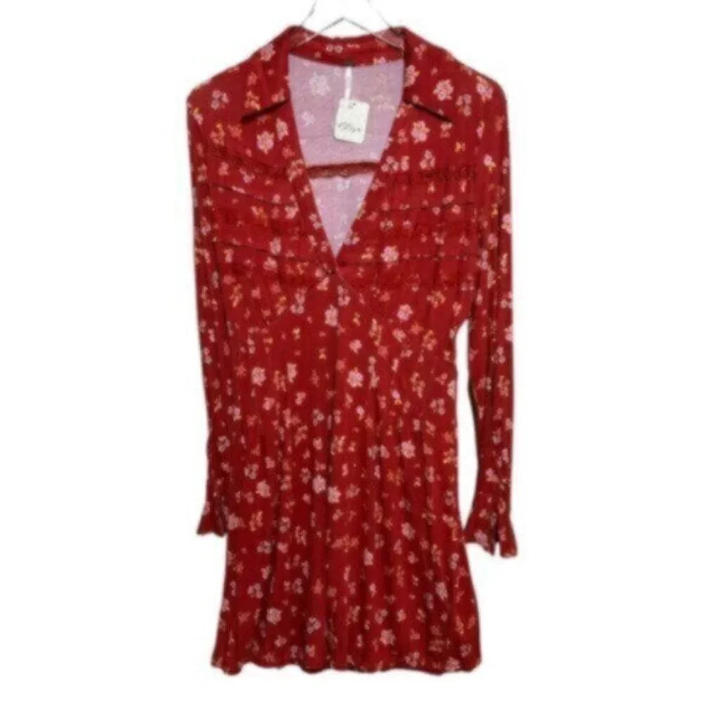 NWT Free People | Red Pop Combo Good Days Floral Print Mini Dress Size Large - Picture 2 of 12